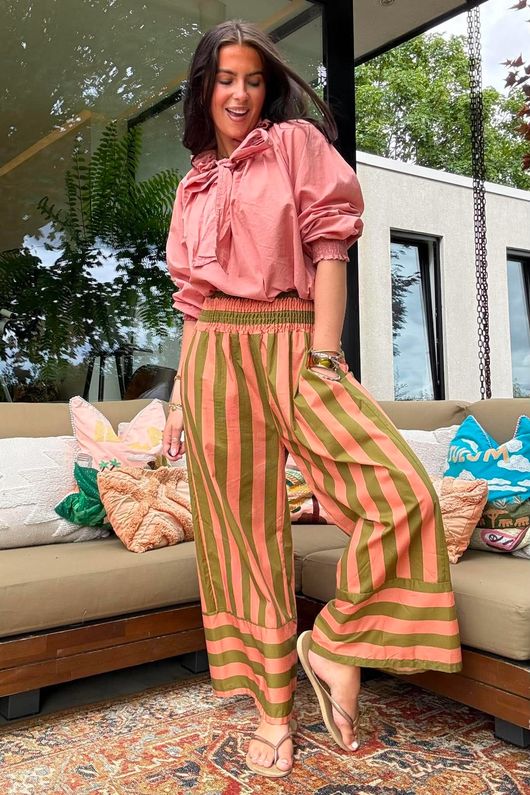 Bloc Stripe Wide Leg Pant Olive & Soft Terracotta